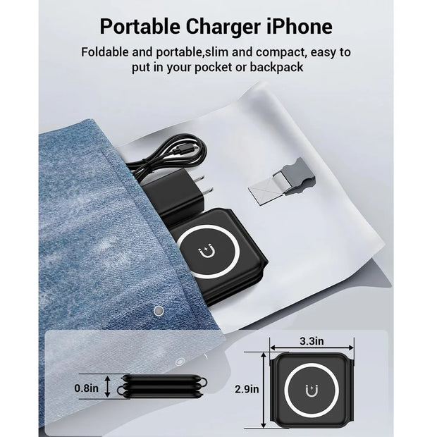 100W 3 in 1 Magnetic Wireless Charger for iPhone 15 14 13  Apple Watch AirPods - Fast Charging Dock Station - Foldable Stand Charge