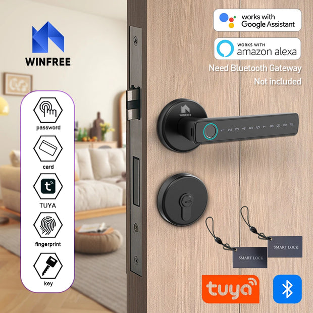 WINFREE Smart Lock Fingerprint Keyless Entry - Tuya Bluetooth - Voice Control Alexa Google Assistant - Home Office Apartment Door Lock