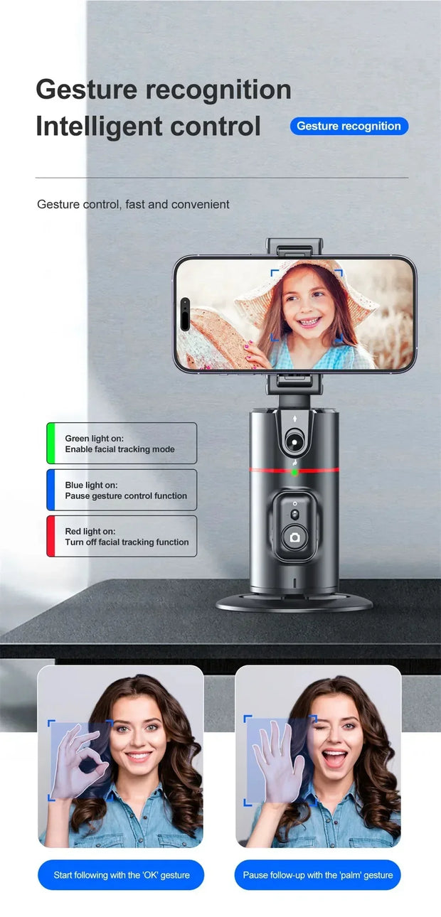 360° Rotation Auto Tracking Phone Holder - Gimbal Foldable AI Smart Shooting Selfie Stick for Live Vlog Streaming Video