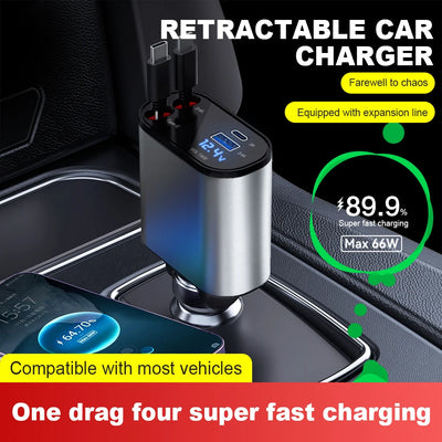 120W 4 IN 1 Retractable Car Fast Charger - USB Type C Cable For IPhone Xiaomi Samsung - Fast Charging Cord - Cigarette Lighter Adapter