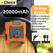 20000mAh Outdoor Portable Waist Fan Hanging Neck Fan with Power Bank LED Lighting for Sports Courier Outdoor Working