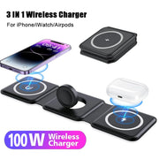 100W 3 in 1 Magnetic Wireless Charger for iPhone 15 14 13  Apple Watch AirPods - Fast Charging Dock Station - Foldable Stand Charge