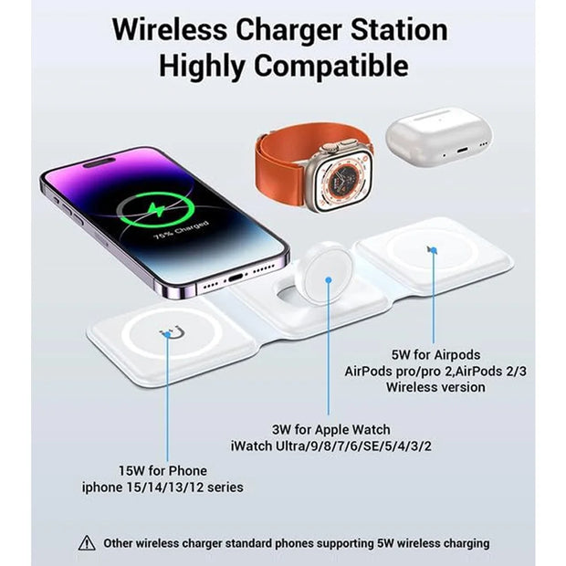 100W 3 in 1 Magnetic Wireless Charger for iPhone 15 14 13  Apple Watch AirPods - Fast Charging Dock Station - Foldable Stand Charge